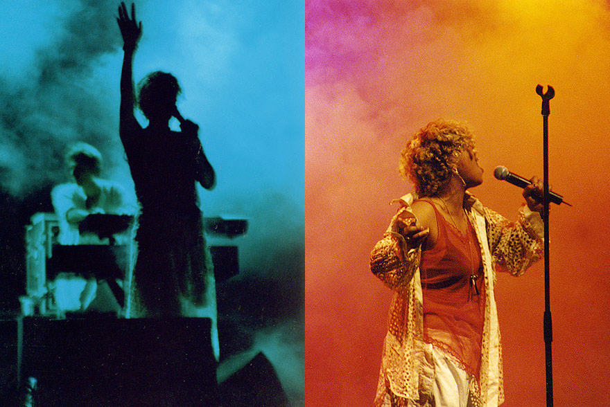 two pictures of cherry on stage. on the left, silhouetted and shrouded in a blue haze. on the right, fully realized, dressed in the orange and pink of dawn